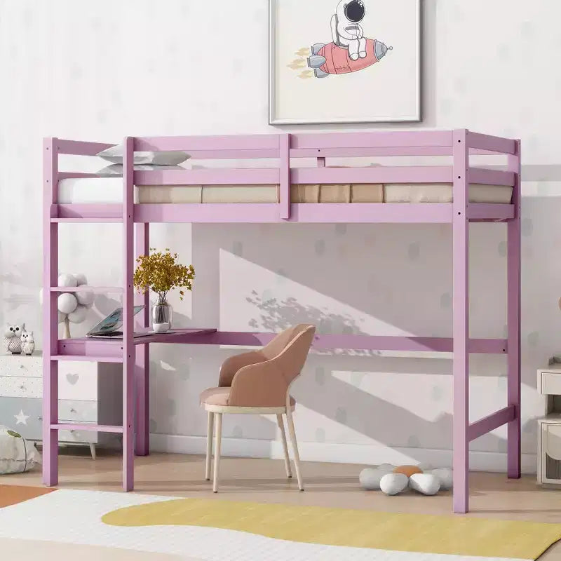 Lit mezzanine Okak Minimalism avec échelle, lit mezzanine simple en bois d'hévéa avec garde-corps de sécurité et bureau intégré, cadres de lit pour enfants, adolescents