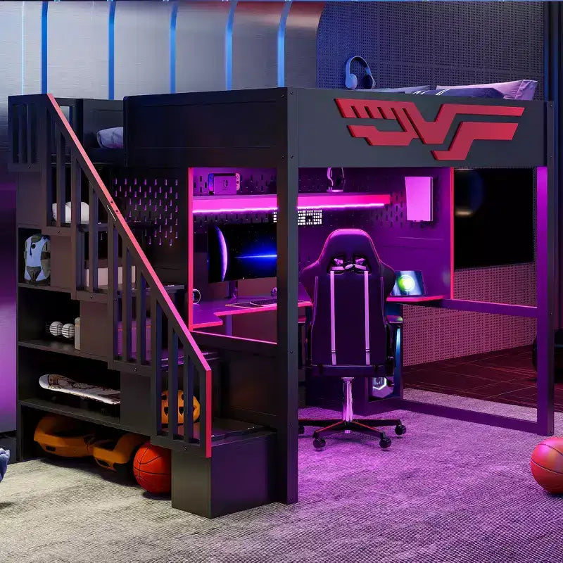 Lit mezzanine pleine grandeur pour gamer avec bureau et lumière LED, lit surélevé pleine grandeur en bois avec escalier de rangement et USB, rouge + noir