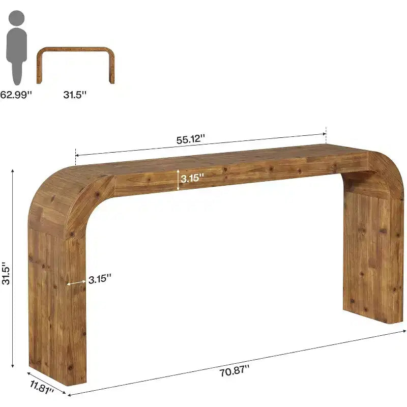 Table console en bois massif Lantine de 180 cm, table de canapé style ferme avec coins cascade pour entrée, salon, derrière le canapé, bois naturel