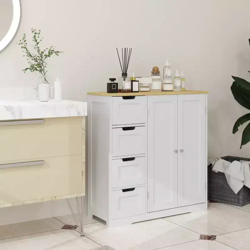 Meuble bas de salle de bain HOMCOM avec étagère réglable, meuble de rangement de salle de bain autoportant avec 4 tiroirs et 2 portes, blanc
