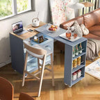 Îlot de cuisine roulant avec 2 portes en verre, Desserte de cuisine avec table extensible et prises de courant, Îlot de cuisine avec étagères ouvertes latérales