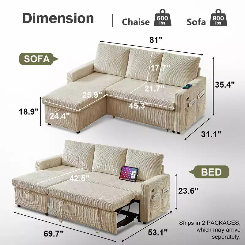 Canapé-lit sectionnel Dyonery 81, canapé-lit escamotable en forme de L avec méridienne de rangement réversible, USB, dossier inclinable