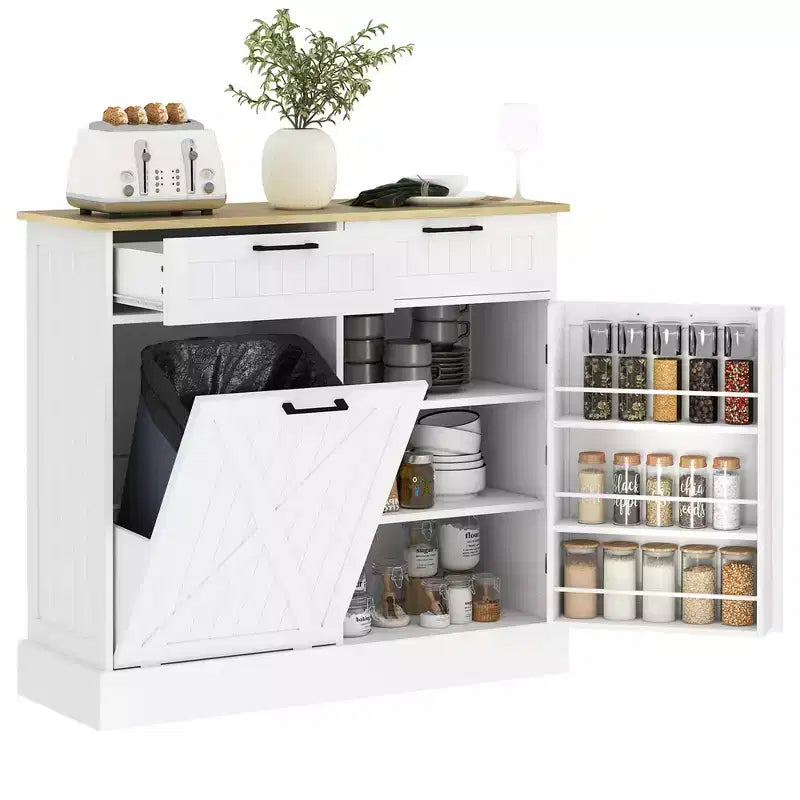 Meuble poubelle coulissant HOMCOM avec tiroirs, meuble de cuisine de style campagnard avec poubelle cachée pour la cuisine