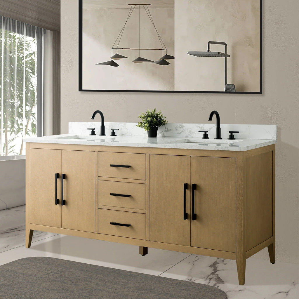 Meuble-lavabo de salle de bain Vanity Art 72 po à double vasque avec dessus en marbre reconstitué