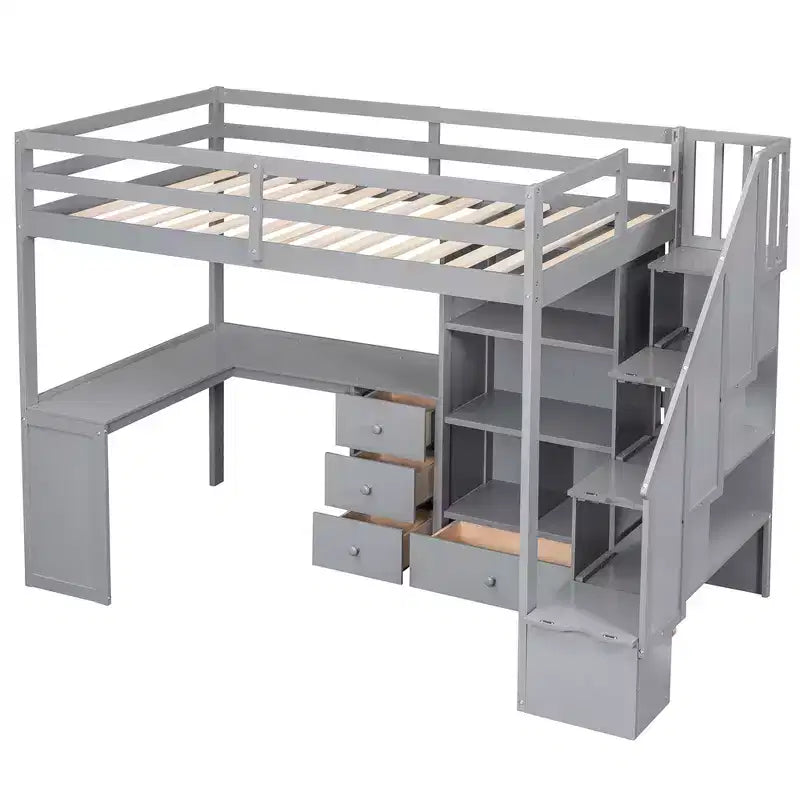 Lit mezzanine une place avec bureau en L, 3 tiroirs, placard, rangements intégrés dans l'escalier, en pin massif/MDF
