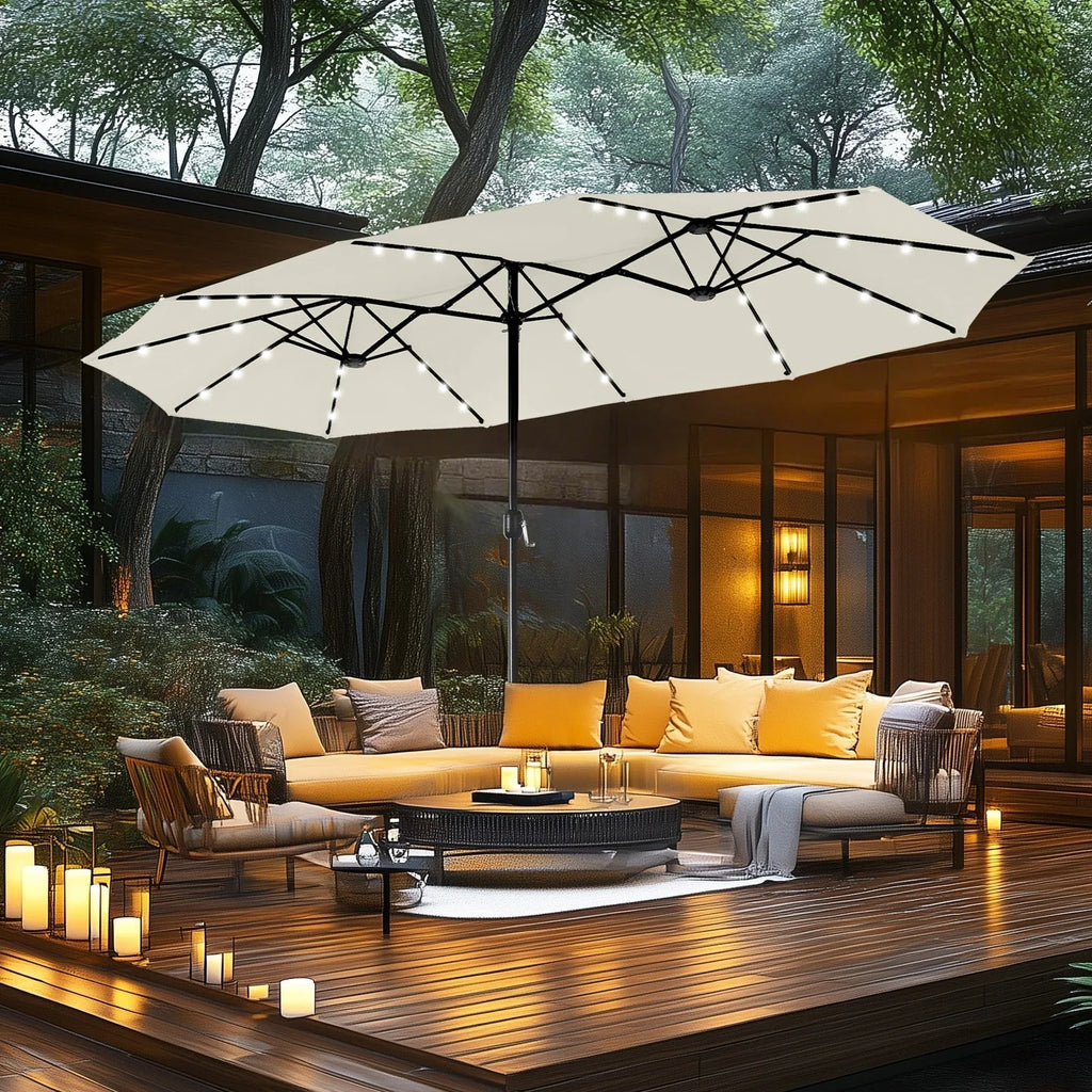 MAISON ARTS Parasol excentré rectangulaire de 4,5 m avec manivelle, parasol de marché double face d'extérieur avec lumières LED solaires et base incluse