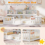 Lit de sol Montessori double/complet avec étagères de rangement et barrières de sécurité Blanc/Gris