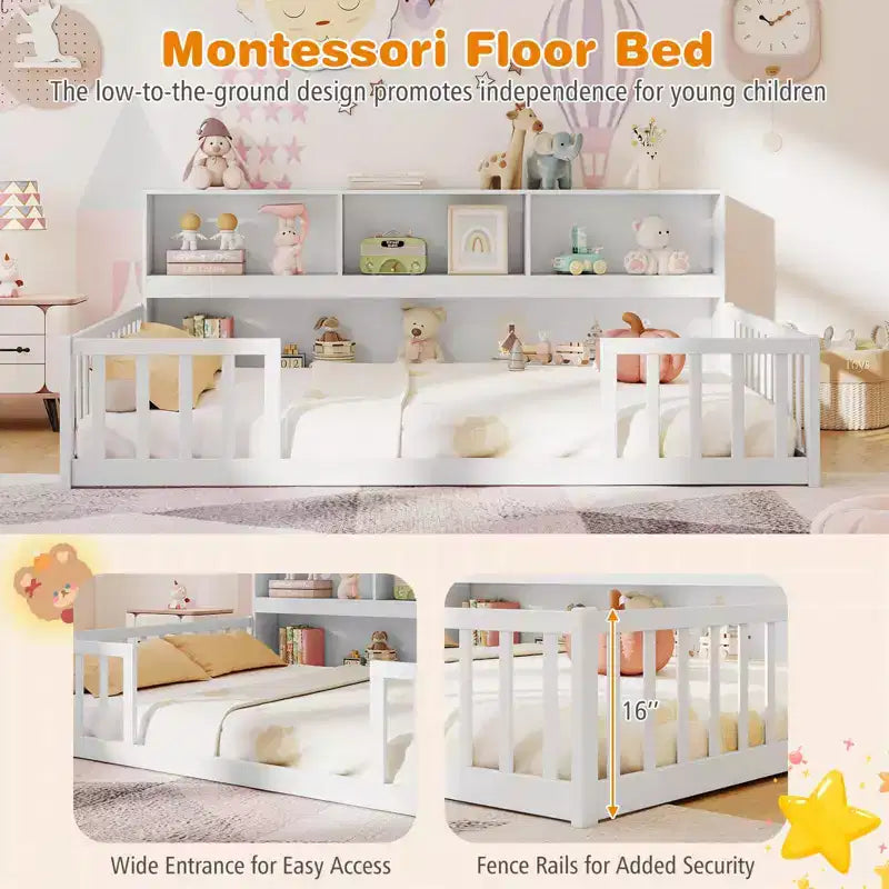 Lit de sol Montessori double/complet avec étagères de rangement et barrières de sécurité Blanc/Gris