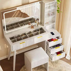Coiffeuse de maquillage cannelée de 48 pouces avec grand miroir et lumières, coiffeuse de maquillage moderne avec station de charge et tabouret de rangement rembourré pour la maison