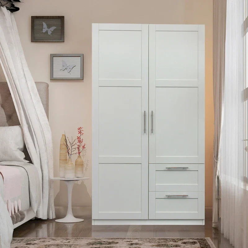 Armoire de rangement en bois blanc avec portes, tiroirs et tringle à vêtements