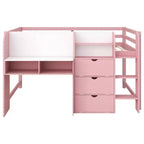 Lit mezzanine bas rose et blanc avec bureau, rangements et tableau blanc – Jumeau, 1 personne