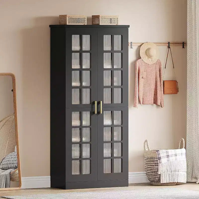 Meuble à chaussures haut Lantine avec portes, rangement à chaussures à 8 niveaux avec étagères réglables, armoire à chaussures moderne pour couloir, placard, salon, blanc