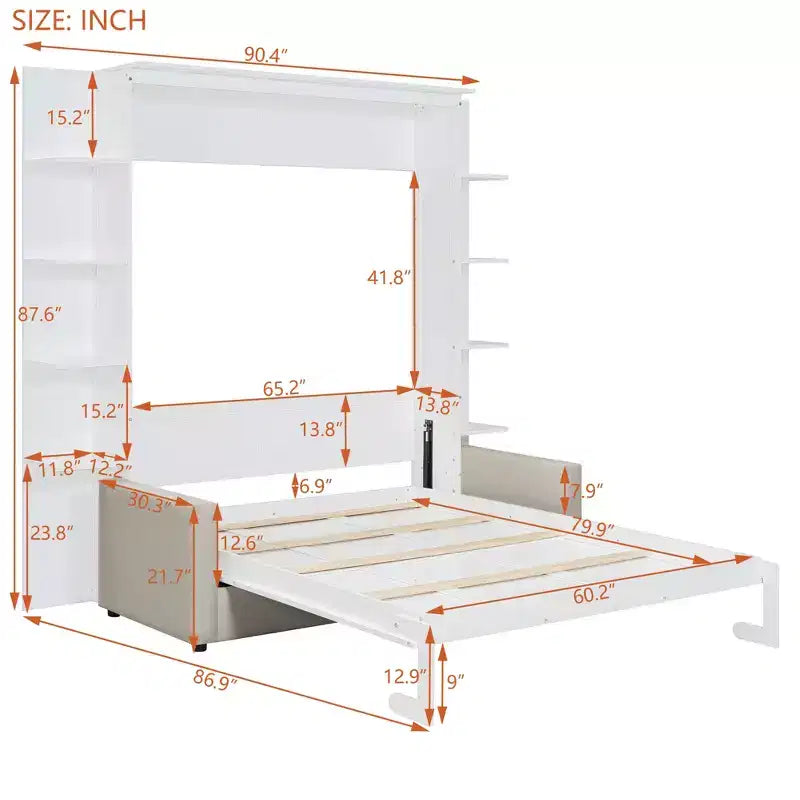 Lit escamotable mural Whisen Modern Design Queen size en bois avec canapé et étagères
