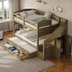 Lit superposé Whisen Twin XL avec lit gigogne, lit superposé avec rangement, lit superposé en bois massif, escalier de rangement, armoire, 3 tiroirs, pour enfants