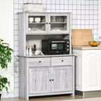 HOMCOM Buffet de cuisine 161 cm avec vaisselier, armoire de rangement avec 4 étagères, tiroirs, portes vitrées, comptoir ouvert pour micro-ondes