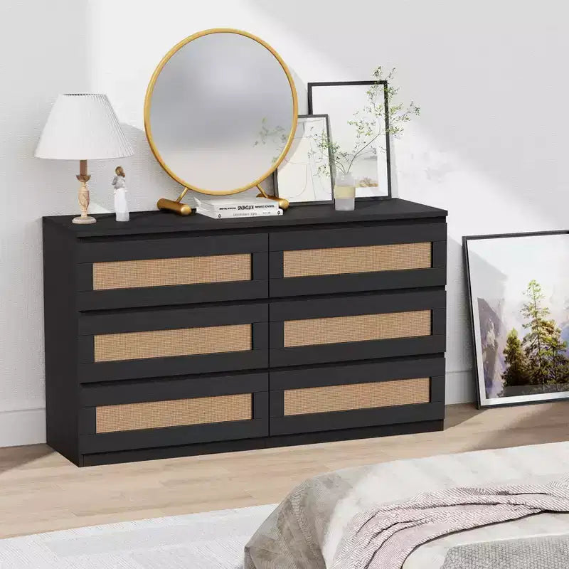 Commode en rotin pour chambre à coucher avec 6 tiroirs, 47 commode large moderne de style ferme, armoire de rangement en bois pour placard, salon, couloir