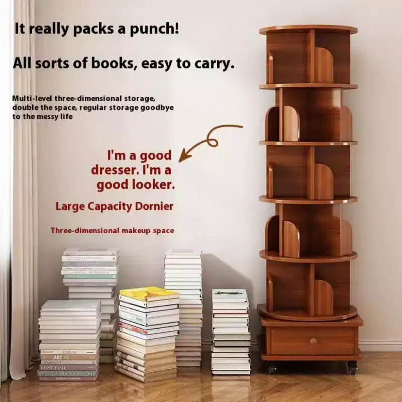 Bibliothèque d'angle pivotante à 360° Chic Crate à 6 niveaux avec roulettes, étagère étroite pour petits espaces, marron noyer