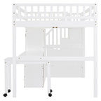 Lit mezzanine double avec escalier, bibliothèque, bureau et armoire – Meuble multifonctionnel et peu encombrant pour enfants et adolescents – Blanc
