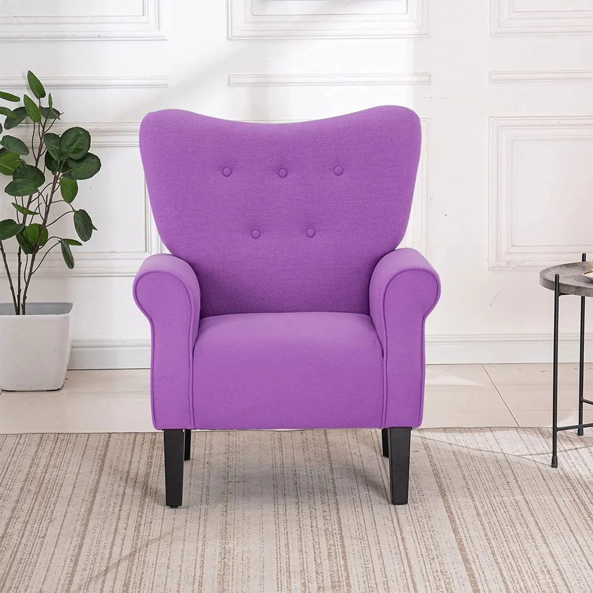 Fauteuil d'appoint moderne Erommy, fauteuil à dossier haut, canapé simple en tissu rembourré avec boutons et pieds en bois pour salon