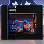 Lit superposé de jeu en bois pleine grandeur avec bureau intégré, étagères de rangement, lumières LED 7 couleurs et station de charge, noir - ModernLuxe