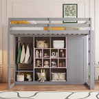 Lit mezzanine enfant avec armoire et étagères, Cadre de lit mezzanine en bois avec meuble de rangement pour enfants et adolescents