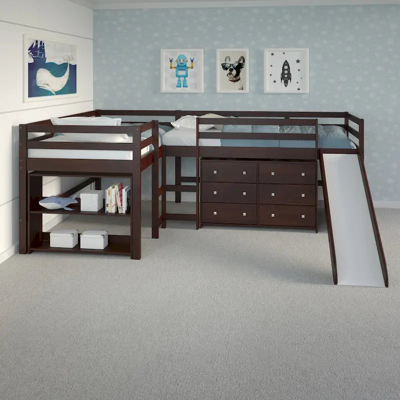Ensemble de chambre mezzanine en L Double Twin avec toboggan, finition cappuccino foncé