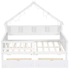 Cadre de lit maison pleine grandeur avec tiroirs, lit plate-forme maison avec lumières LED, étagères de rangement et tiroirs, lit de repos en bois avec toit et garde-corps