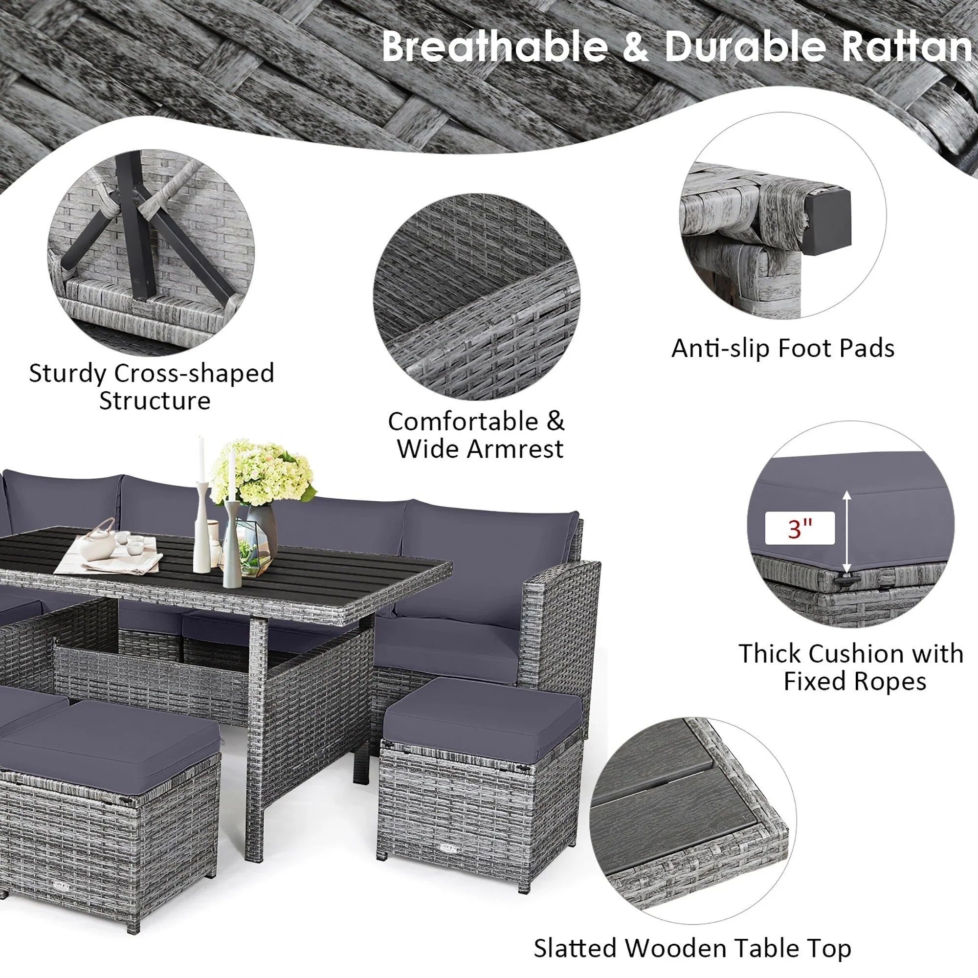Ensemble de salle à manger Costway 7 pièces en rotin pour terrasse, canapé sectionnel et pouf - Voir détails
