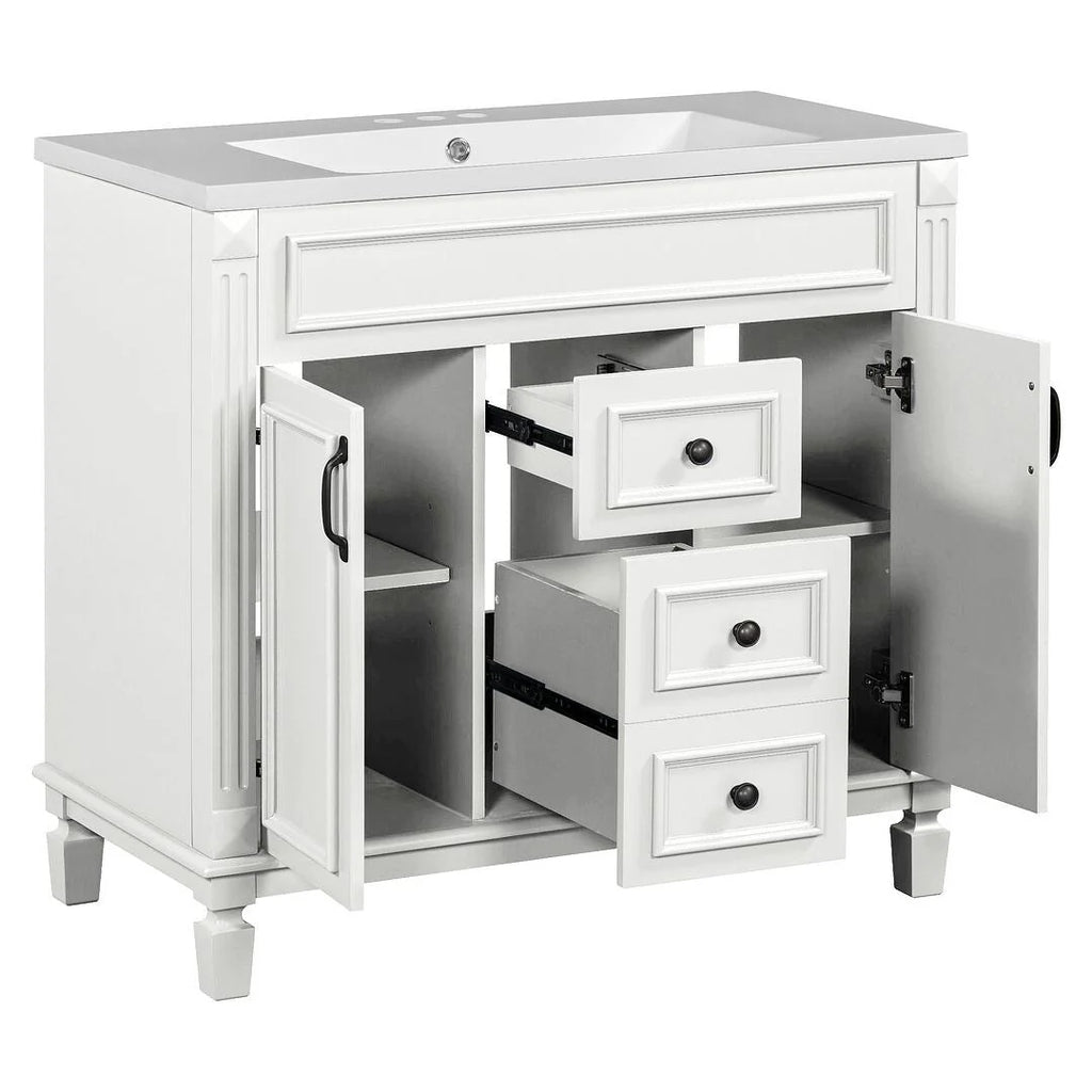 Meuble-lavabo de salle de bain moderne de 91 cm avec lavabo et armoire de toilette, 2 portes et 2 tiroirs