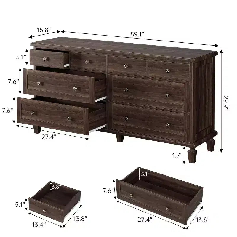 Commode à 8 tiroirs pour chambre à coucher, meuble TV vintage de 59 po avec poignées sculptées et pieds fuselés, commode en bois avec grande capacité de rangement
