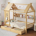 Lit cabane avec tiroirs de rangement et fenêtre, cadre en bois massif avec étagères, design amusant et enfantin, blanc clair