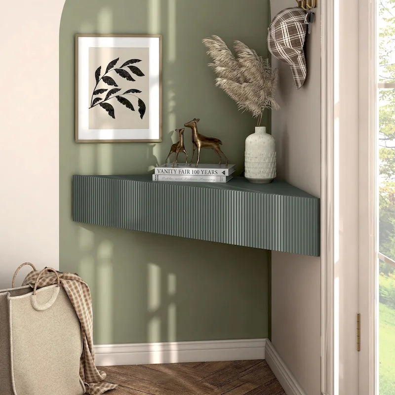 Meuble TV d'angle flottant 47", 3 étagères, style transitoire, fixation murale peu encombrante