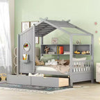 Lit cabane en bois double/complet avec 2 tiroirs, lit pour enfants avec étagère de rangement - ModernLuxe