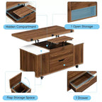 Table basse relevable multifonctionnelle et moderne avec rangement dissimulé, 4 tabourets et roulettes, parfaite pour les espaces de vie modernes.