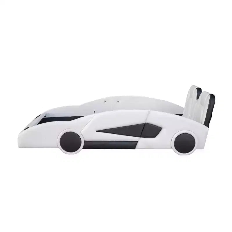 Lit plateforme Whisen Wood en forme de voiture de course, taille double, avec LED et dossier rembourré