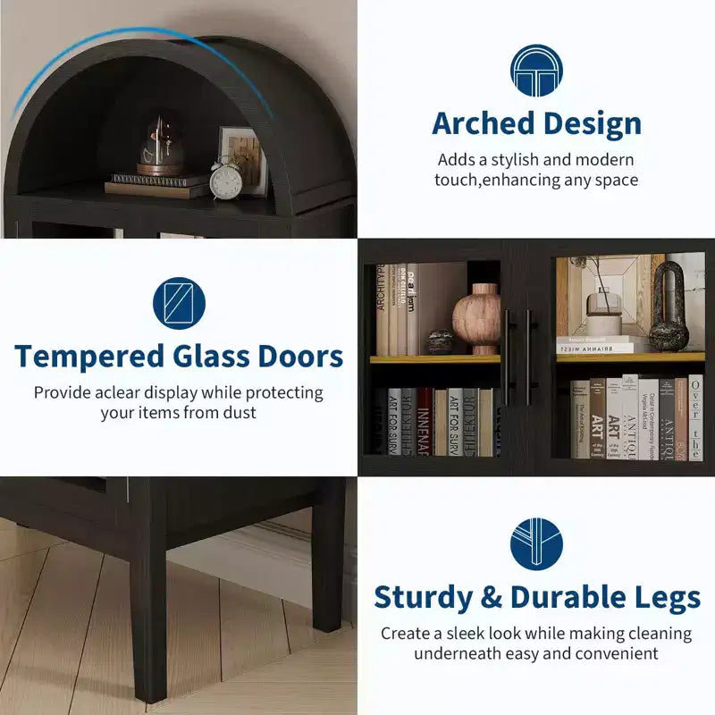 Meuble de rangement, Noir/Blanc, Style Arqué, Simple, 71 po de hauteur avec lumières DEL et portes vitrées