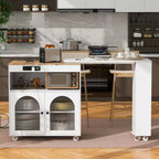 Îlot de cuisine roulant avec 2 portes en verre, Desserte de cuisine avec table extensible et prises de courant, Îlot de cuisine avec étagères ouvertes latérales