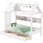 Lit cabane avec tiroirs de rangement et fenêtre, cadre en bois massif avec étagères, design amusant et enfantin, blanc clair