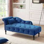 Chaise longue moderne de 154 cm avec revêtement en velours, boutons capitonnés, pieds en bois massif et clous de tapissier