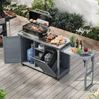 Îlot de cuisine d'extérieur FAMYYT de 198,9 cm avec comptoir en acier inoxydable, station de barbecue pliable et armoires de rangement, Bleu Gris