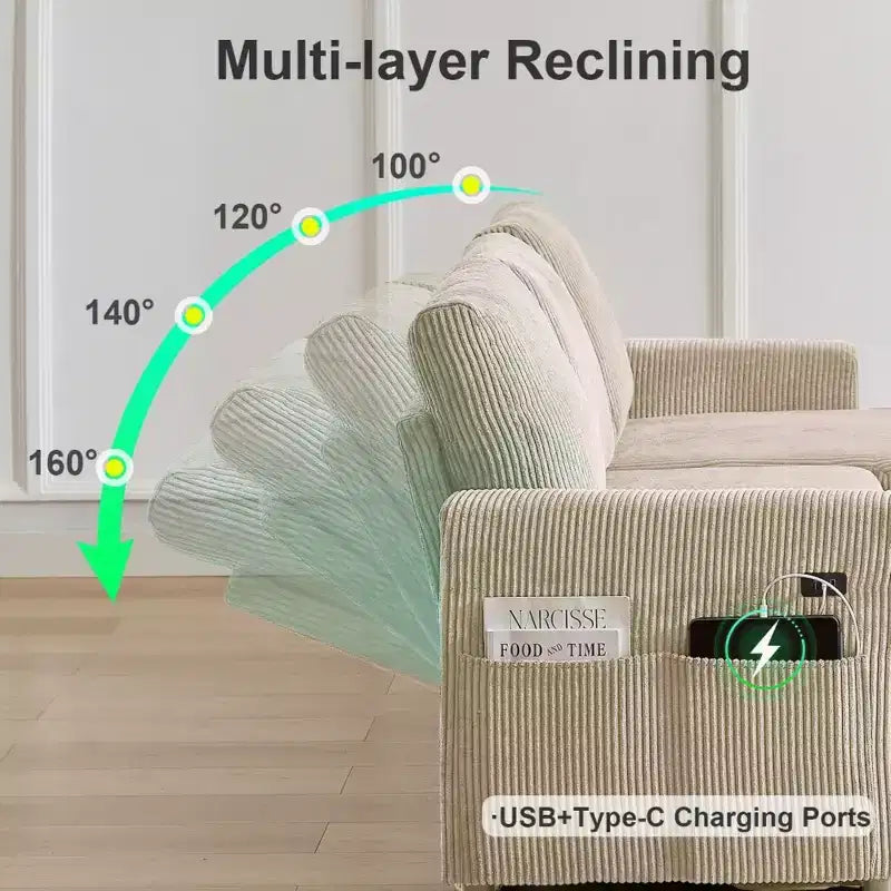 Canapé-lit Dyonery 2-en-1 avec méridienne de rangement, canapé sectionnel en velours côtelé avec ports USB pour salon