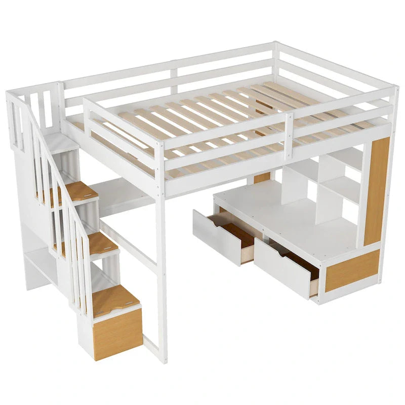 Lit mezzanine en bois massif naturel et blanc avec bureau et tiroirs
