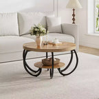 Table basse industrielle ronde de 30 pouces à 2 niveaux avec pieds réglables, étagère à grain de bois, motif flamme, assemblage facile, salon