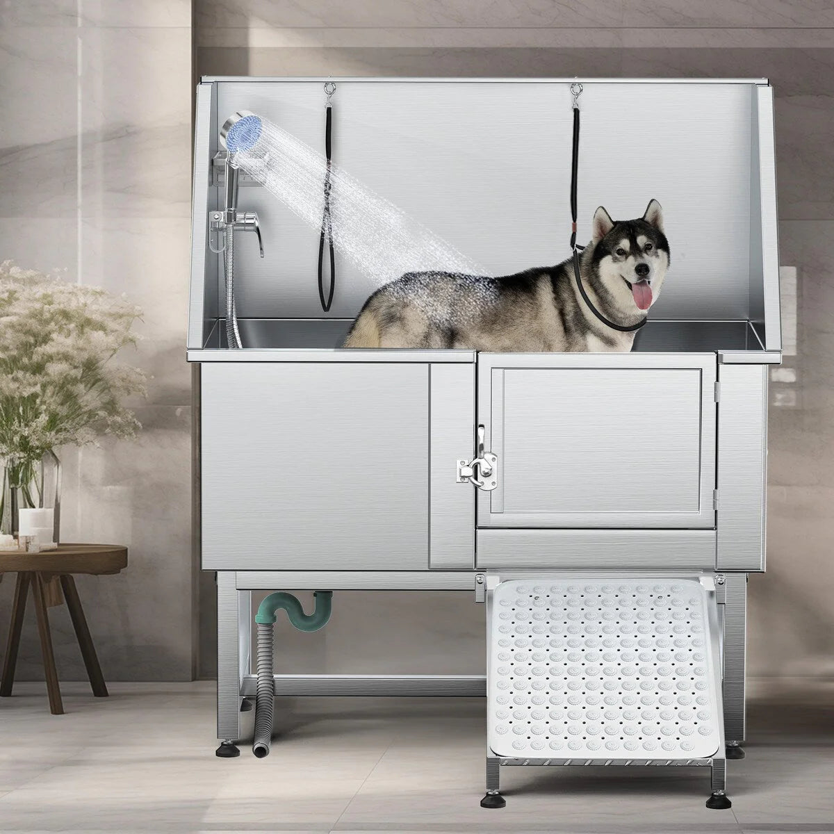 Baignoire de toilettage pour animaux de compagnie de 50 pouces de largeur en acier inoxydable avec rampe d'accès