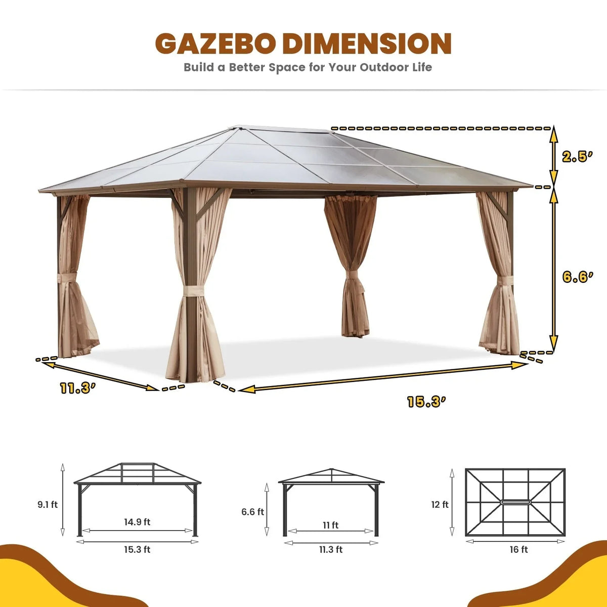 Tonnelle EROMMY à toit rigide, pergola extérieure avec double toit, moustiquaire et rideaux, auvent robuste pour patio, jardin, fête au bord de la piscine