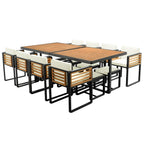 Ensemble de salle à manger d'extérieur 18 pièces en bois d'acacia, 8 chaises rembourrées, 8 poufs et 2 tables carrées