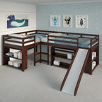 Ensemble de chambre mezzanine en L Double Twin avec toboggan, finition cappuccino foncé