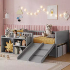 Lit superposé simple Whisen pour enfant avec toboggan, étagère de rangement mobile, balustrades, cadre de lit mezzanine bas