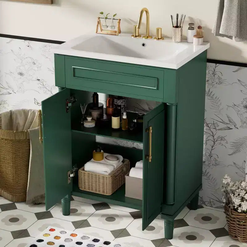 Meuble-lavabo de 24 po avec évier en céramique, armoire Shaker, 2 portes à fermeture amortie, cadre en bois massif pour petite salle de bain ou salle d'eau