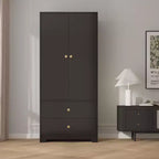 Armoire de chambre moderne en bois de 180 cm avec 2 portes, 2 tiroirs, étagères réglables, armoire de rangement pour vêtements et tringle à vêtements